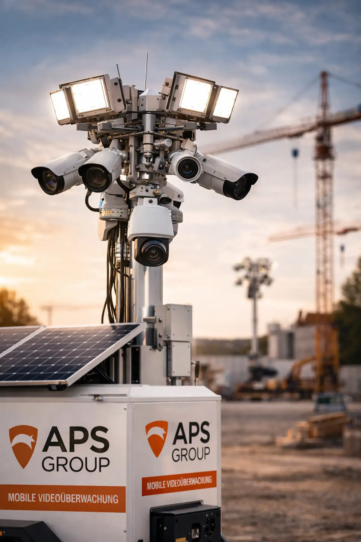 Kameraturm für mobile Videoüberwachung in Wuppertal auf Baustelle mit klarer Sicht auf Zufahrten und sensible Bereiche